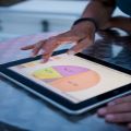Auf einem Tisch liegt ein Tablet mit einem Kreisdiagramm am Bildschirm. Eine Frauenhand tippt auf den Bildschirm des Tablets.